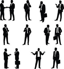 Collection of businessman silhouettes in formal attire talking, negotiating, walking and gesturing, representing communication, leadership and corporate activities for design