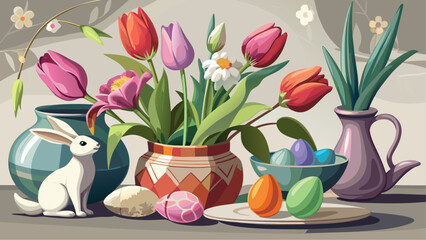 bouquet of tulips and easter eggs