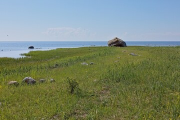 View of Abruka suurkivi boulder on a grassy coastline, which is a massive glacial erratic boulder in summer with clouds in the sky, Abruka, Saaremaa, Estonia. © Raimo Bergroth