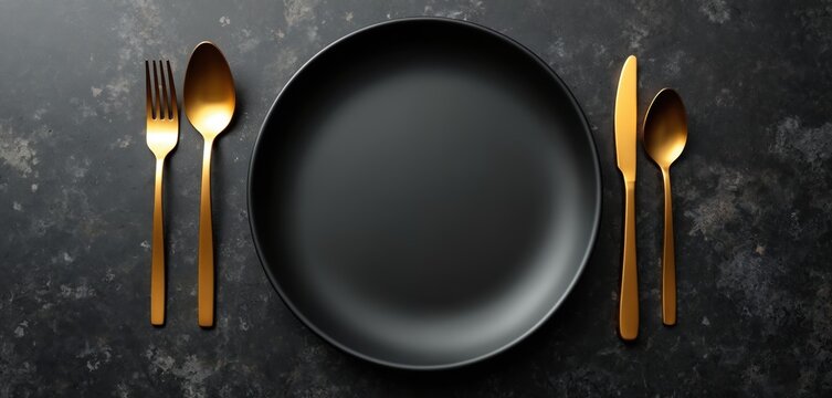 Black plate with golden fork spoon and knife. Overhead view of empty place setting on dark textured table. Simple luxury meal prep surface. Food photography scene.