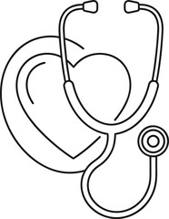 Heart and stethoscope line-art illustration symbolizing healthcare, cardiology, medical checkup, heart health, diagnosis, wellness, treatment, and support