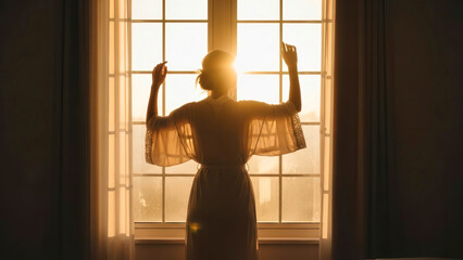 A peaceful silhouette of a woman in a light robe stretching by a sunlit window, embracing the tranquil morning light.