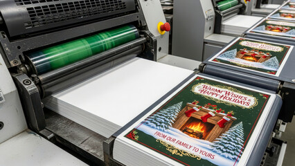 Vibrant industrial printing press in operation, manufacturing beautifully designed Christmas holiday cards with festive artwork and text.