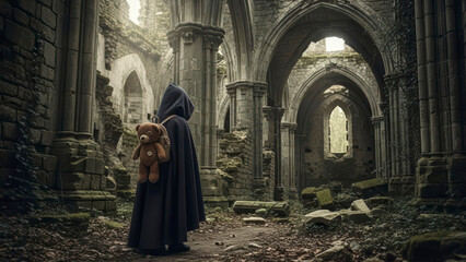 Naklejka premium A cloaked child with a teddy bear backpack slowly journeys through ancient, crumbling cathedral ruins, evoking a poignant sense of lost innocence.