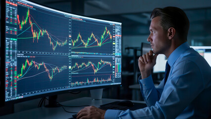 A focused trader intently studies fluctuating stock charts and performance graphs on a large curved digital screen, analyzing real-time market trends in a dimly lit office.