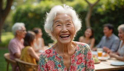 Naklejka premium Elderly Asian woman laughs joyfully at an outdoor family gathering. People eat food and talk at a table in a sunny garden setting. Intergenerational bonding and happy senior lifestyle.