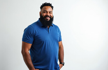 Bearded man in blue polo shirt stands with hands in pockets. He smiles warmly against a clean white backdrop. This approachable guy looks friendly and pro.