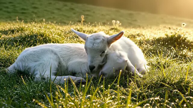 Two white goats, their heads resting on sticks, lay together in a lush green field, capturing the concept of innocence, harmony, and peaceful coexistence, perfect for backgrounds or.