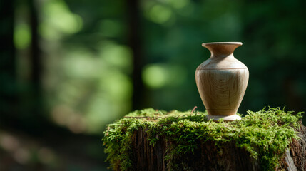 Wooden cremation urn placed on moss-covered tree stump in a serene forest setting with soft natural light and blurred green background