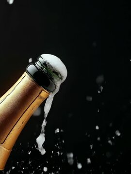 Champagne explosion with cork flying and golden bottle popping open, concept of celebration, party, and luxury event
