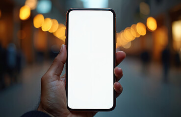 Human hand holds latest model smartphone with clean blank screen mockup. Device used outdoors in city street environment at night. Blurred bokeh lights create vibrant urban background. Ideal for
