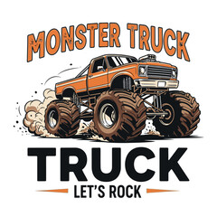 Orange monster truck with oversized tires and smoke billowing out ready to crush anything © Mst Zakia