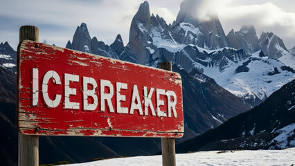 A weathered red sign displaying 'ICEBREAKER' in white, set against a magnificent backdrop of snow-capped peaks and cloudy mountain range.