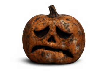 Rotting sad jack-o'-lantern isolated on transparent background, expressing decay and post-halloween blues