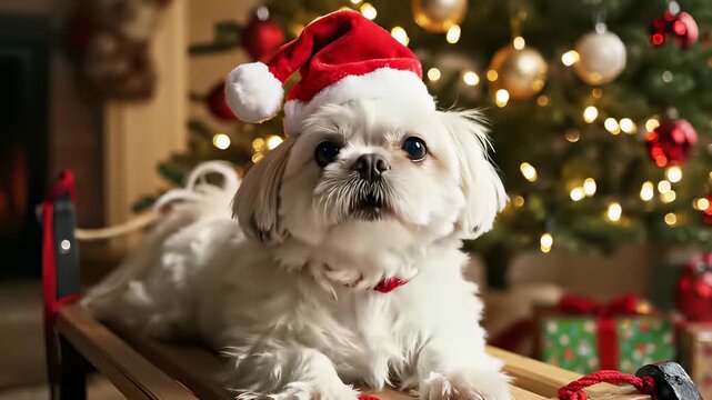 Joyful white lapdog dogs wearing Santa hats sit proudly on a sled surrounded by presents in front of a majestic Christmas tree, capturing the essence of holiday cheer perfect for conveying.