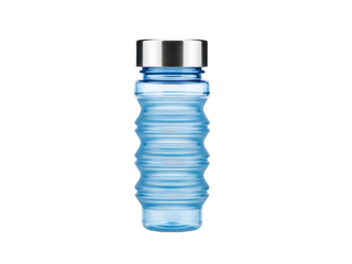 Blue plastic water bottle with a silver cap.