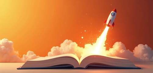Open book with rocket launching into sky. Concept shows journey of learning and innovation, knowledge expanding to new frontiers. Inspiring idea of discovery and future.