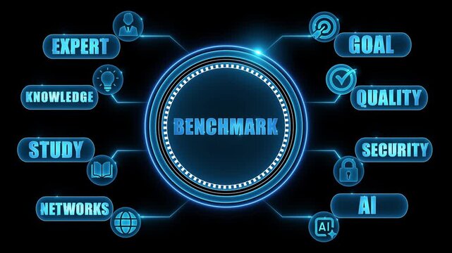 Digital Infographic Illustrating Benchmarking Concepts with Icons and Glowing Blue Text on Black standard