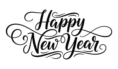 Elegant Black Calligraphy Happy New Year with Swirls on White Background lettering script