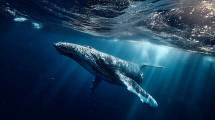 Fototapeta premium Majestic humpback whale swimming gracefully underwater with beautiful sun rays illuminating the deep blue ocean, captured with cinematic lighting and stunning clarity.