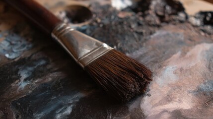 Close-up of a paintbrush with a wooden handle and bristles. the brush is resting on a piece of metal, which appears to be a metallic surface with a rough texture.
