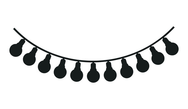 Silhouette of a string of festive light bulbs in black on a white background string lights garland