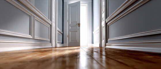 Obraz premium Bright open white door at the end of an elegant hallway with wooden floor and classic wall paneling in soft natural light