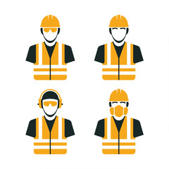 Four Icons of Construction Workers with Safety Gear Keywords: construction, worker, icon, safety, gear, hard hat, vest, goggles