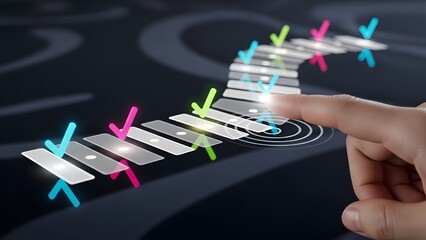 Hand interacting with digital checklist marking progress and tasks