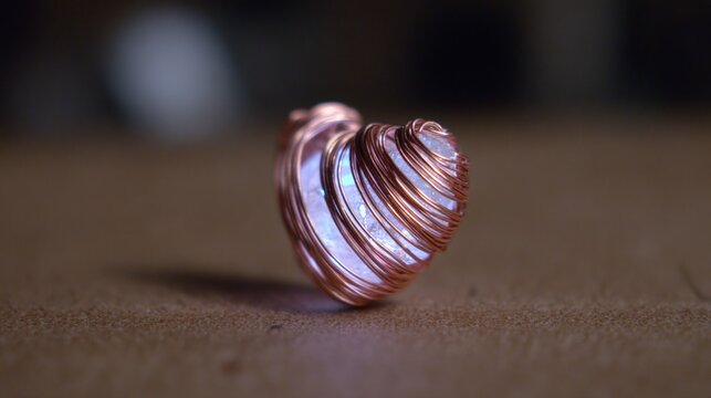 Close-up of a ring made of copper wire. the wire is twisted and twisted in a spiral pattern, creating a beautiful and intricate design.