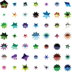 Collection of Geometric Starburst Shapes in Various Colors and Designs abstract