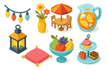 Collection of Isometric Outdoor Party Elements Including String Lights A Table With Chairs A Lantern A Fruit Bowl A Cupcake Stand and A Pitcher of Orange Juice