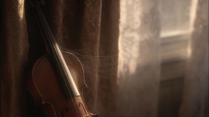 Naklejka premium Close-up of a violin leaning against a curtain. the violin is brown in color and has a curved bow. the background is blurred, but it appears to be a window with white curtains.