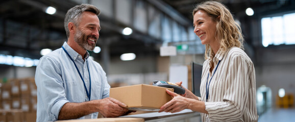 Smiling warehouse worker handing a cardboard box to a female colleague with a payment terminal in a bright industrial setting