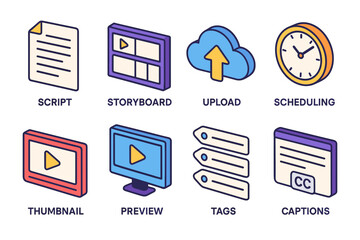 Isometric Digital Icons Representing Video Production Workflow Script Storyboard Upload Scheduling Thumbnail Preview Tags Captions on a Black Background