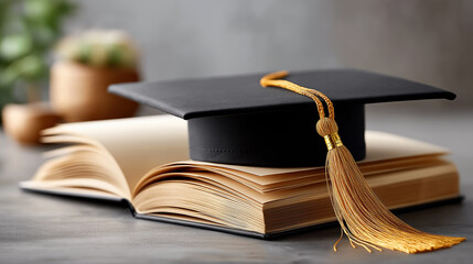 Graduation cap with golden tassel on open book education success academic achievement and university or college study concept