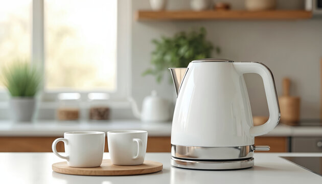 White electric kettle stands with mugs on table in modern kitchen. Concept of household appliance, kitchenware, beverages, cafe break. Modern style. Relaxing breakfast time. Preparing tea at home.