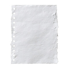 Ripped perforated white paper with a torn edge and punched holes, textured blank sheet concept isolated on transparent background