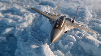 Military jet airplane flying above dramatic clouds high speed aviation technology and air force defense concept