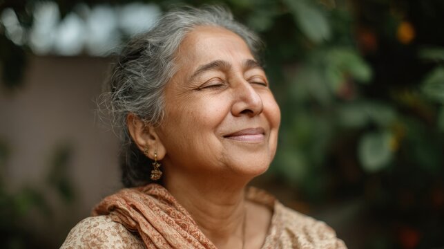 Close-up portrait of an elderly woman with grey hair. she is smiling widely and appears to be in a peaceful and relaxed state. - Powered by Adobe