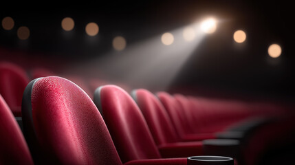 Empty red theater seats with spotlight on dark stage cinema entertainment and live performance event background