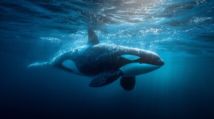 Obraz premium Majestic Orca swimming gracefully underwater, illuminated by sun rays filtering through the deep blue ocean, showcasing its powerful form in a cinematic lighting style, 4k detail.