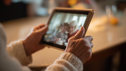 Senior person holding tablet video calling family online communication and remote connection technology for older adults