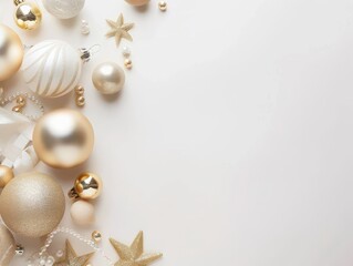 White Christmas Background with Golden Balls and Stars
