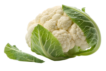 Fresh Whole Cauliflower with Green Leaves Isolated on White Background