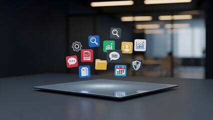 Digital apps floating above a tablet device in a modern office.