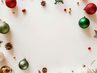 Red and Green Christmas Frame with Holiday Baubles