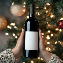 Christmas Red Wine Bottle Label Mockup with Festive Tree Lights