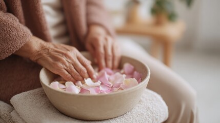 Elderly woman's hands gently massaging a bowl of pink rose petals.