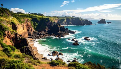 A coastal landscape showcases rugged cliffs meeting the vibrant turquoise sea under a bright, sunny sky. The shoreline is visible